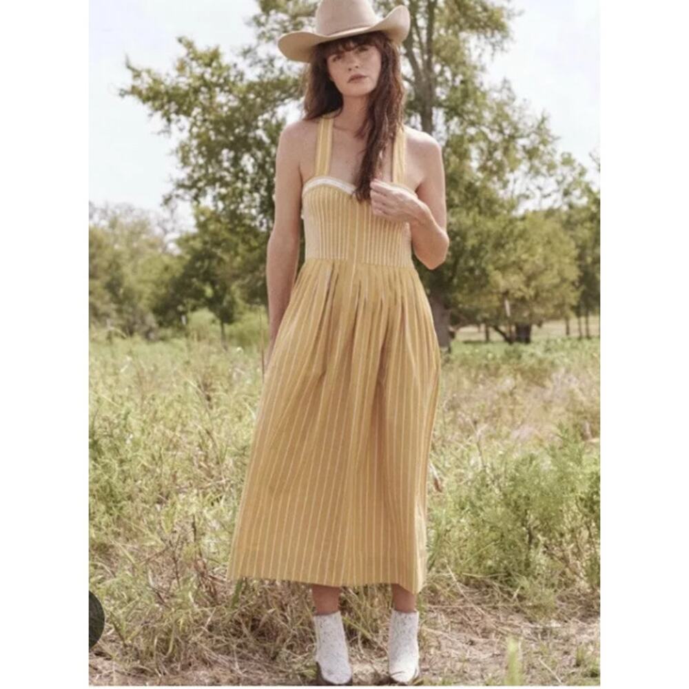 The GREAT. Yellow Striped 100% Cotton Pockets Zip Midi Dress Sz L MSRP $350